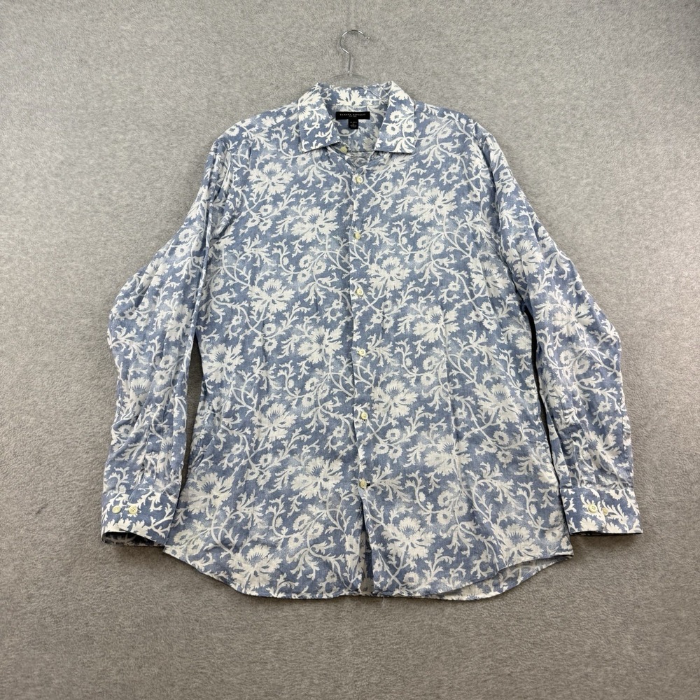 Banana Republic Men's Large Blue Floral Linen Fitted Long Sleeve Button-Up Shirt